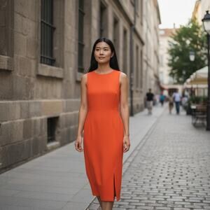 Vintage 90s Lew Magram Orange Minimalist Sleeveless Slit Midi Dress Large